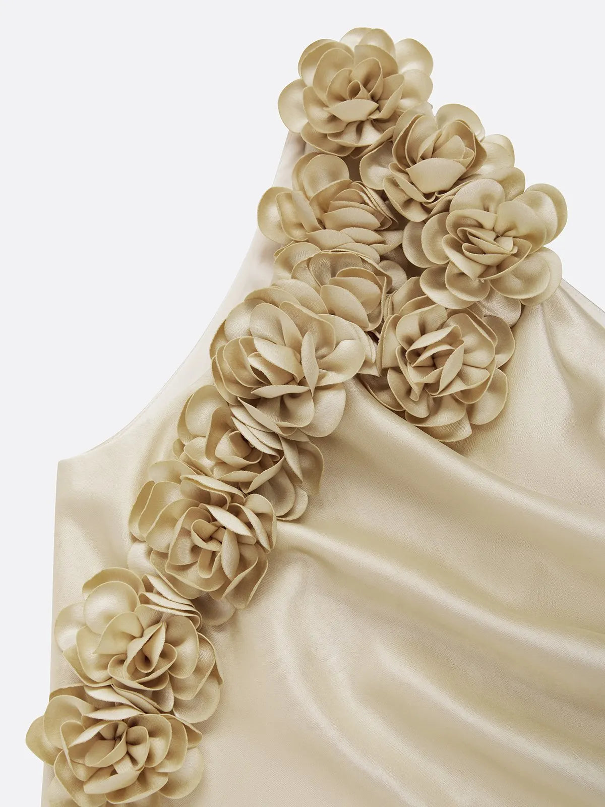 Champagne 3D Floral Ruched Satin One Shoulder Sleeveless Sheath Floor-length Gown Dress