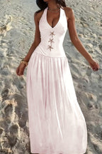 Cocoslly Halter V-Neck Sleeveless High Waist Long Prom Dress With Rhinstone | Ivory Chiffon XJ0755