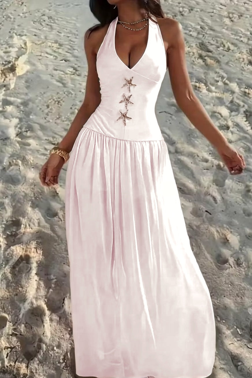 Cocoslly Halter V-Neck Sleeveless High Waist Long Prom Dress With Rhinstone | Ivory Chiffon XJ0755