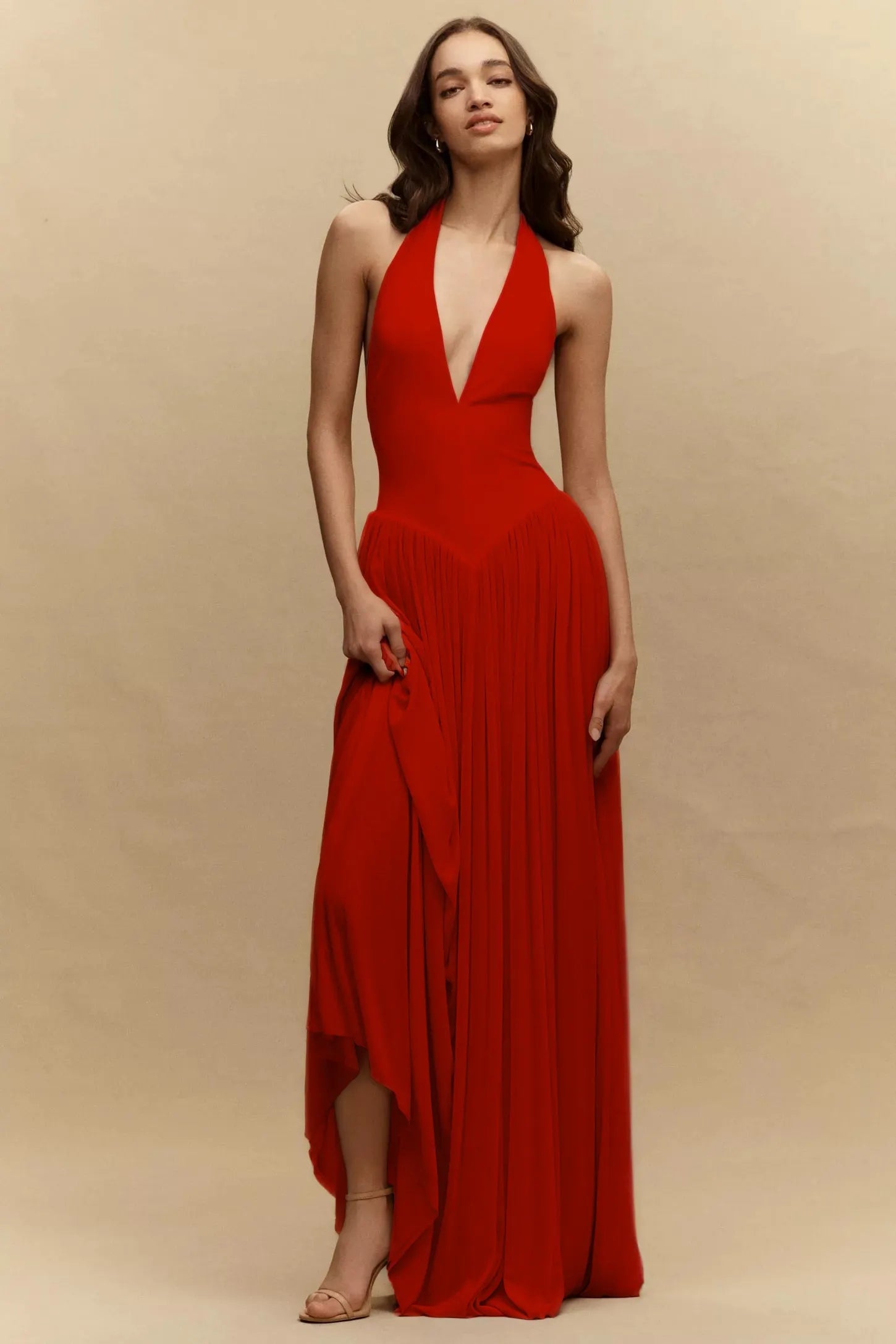 Cocoslly Halter V-Neck Sleeveless High Waist Long Prom Dress | Blushing Pink Chiffon YC0573