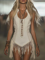 銆�24-hour shipping out銆慐legant Western Chic Round Neck White Tassel Mini Dress