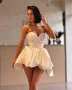 Cocoslly Strapless Sweetheart Sleeveless High Waist Short Prom Dress With Pearls | Ivory Satin ZT0683