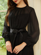 Black Pleated Mesh Chiffon Crew Neck Long Sleeve Balloon Sleeve A-Line Maxi Dress