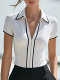 Contrast Trim Zip-Front Tailored Short Sleeve Top