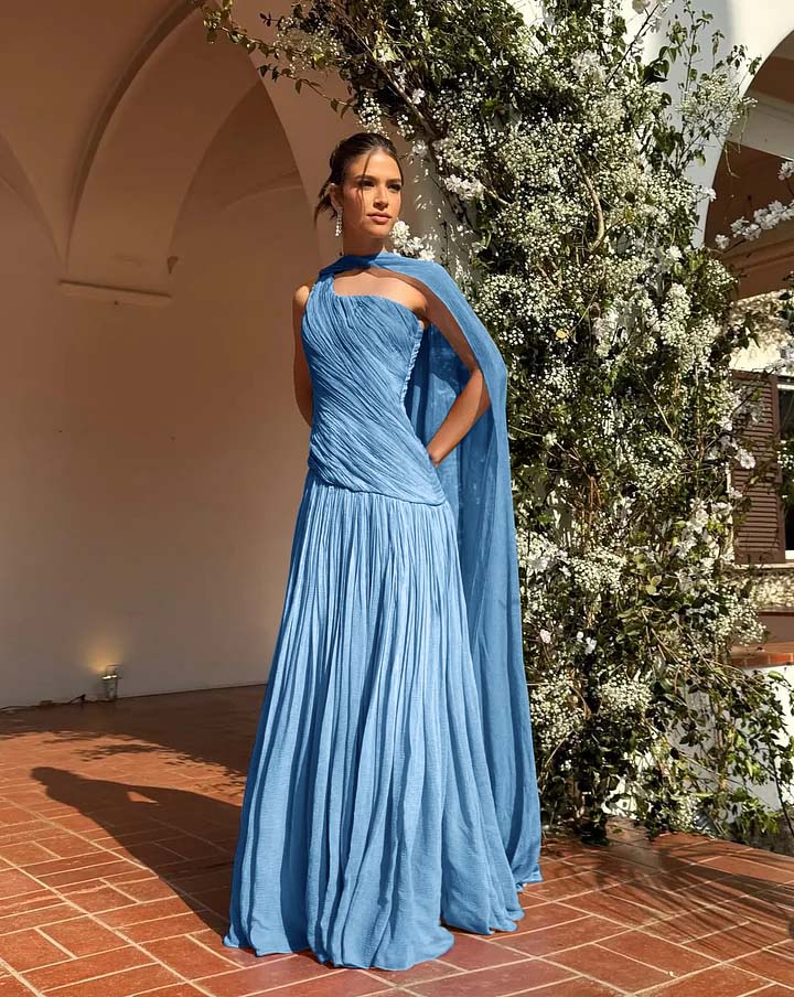 Chic One Shoulder Sleeveless Long Prom Dress With Pleated Shawl WQ0343