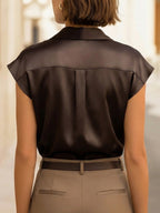 Sleeveless Draped Button-Front Satin Top Blouse
