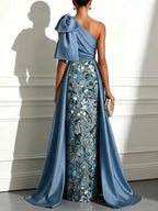 Blue Bow Satin One Shoulder Sleeveless A-Line Gown Dress