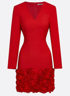 Red 3D Floral Classic V Neck Long Sleeve Sheath Mini Dress