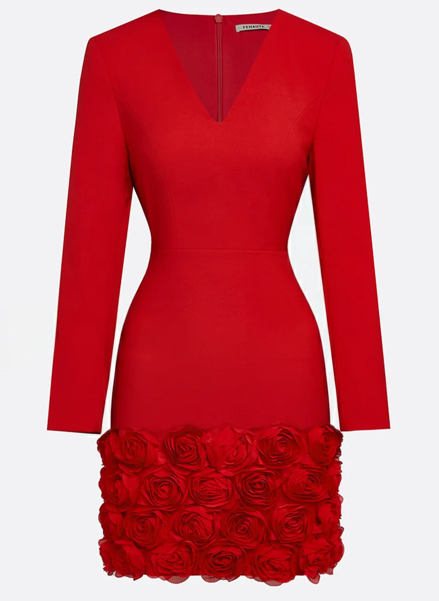 Red 3D Floral Classic V Neck Long Sleeve Sheath Mini Dress