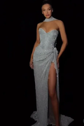 Cocoslly Strapless Sleeveless High Waist Long Split Prom Dress With Appliques And Scarfs | Silver Sequins JZ0147