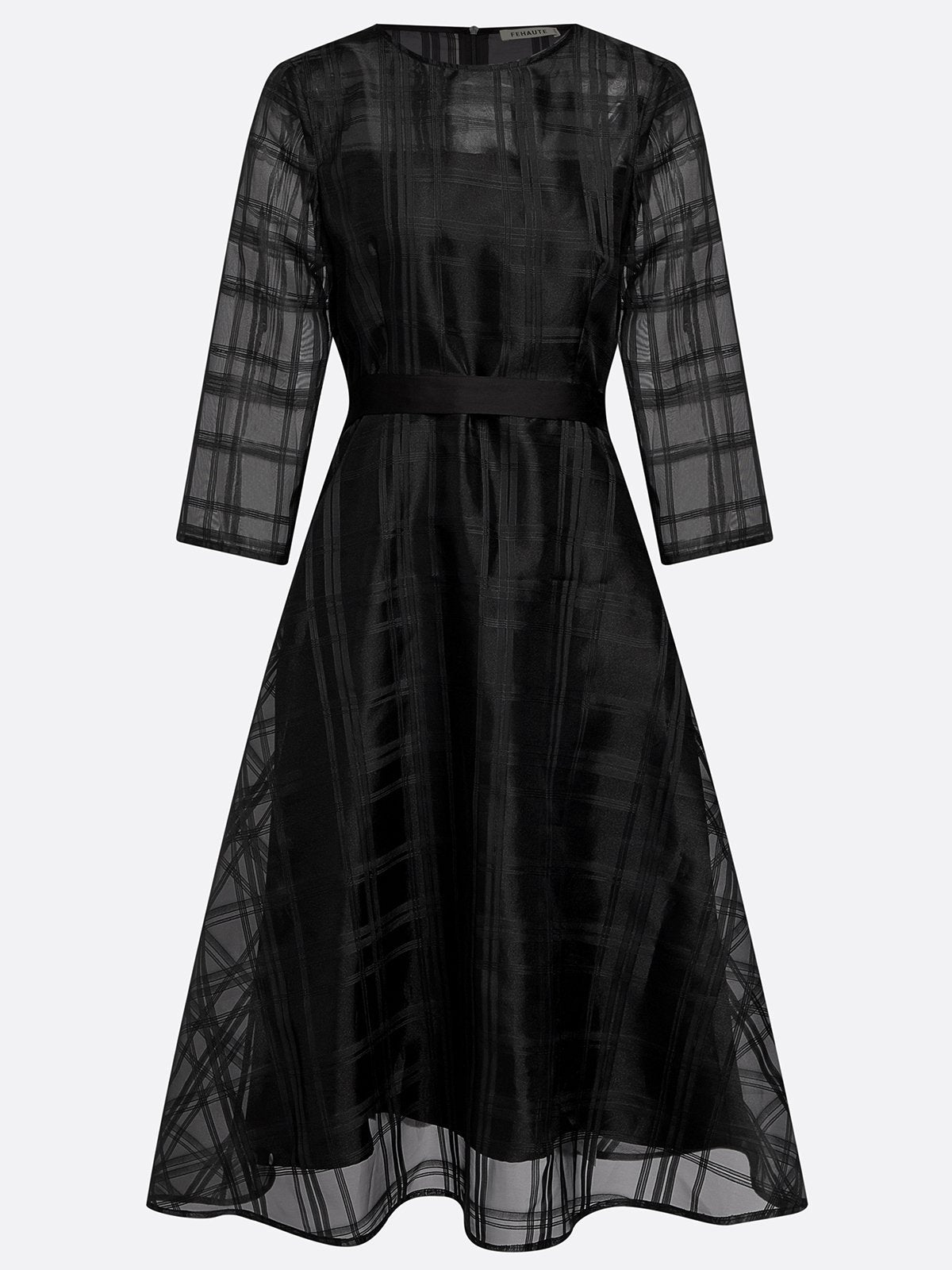 Black Plaid Organza Classic Crew Neck Three Quarter Sleeve A-Line Midi Dress