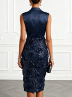 Purplish Blue 3D Floral Glitter Classic V Neck Sleeveless Sheath Midi Dress