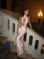 Cocoslly High Neck Sleeveless High Waist Long Mermaid Prom Dress | Blushing Pink Satin CO0183