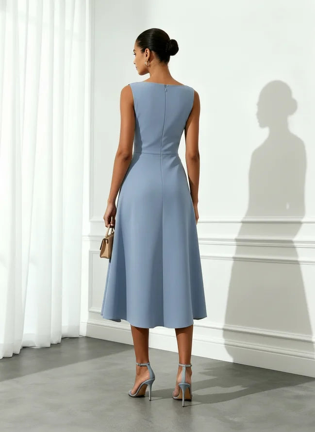 Blue Devore Classic Boat Neck Sleeveless A-Line Midi Dress