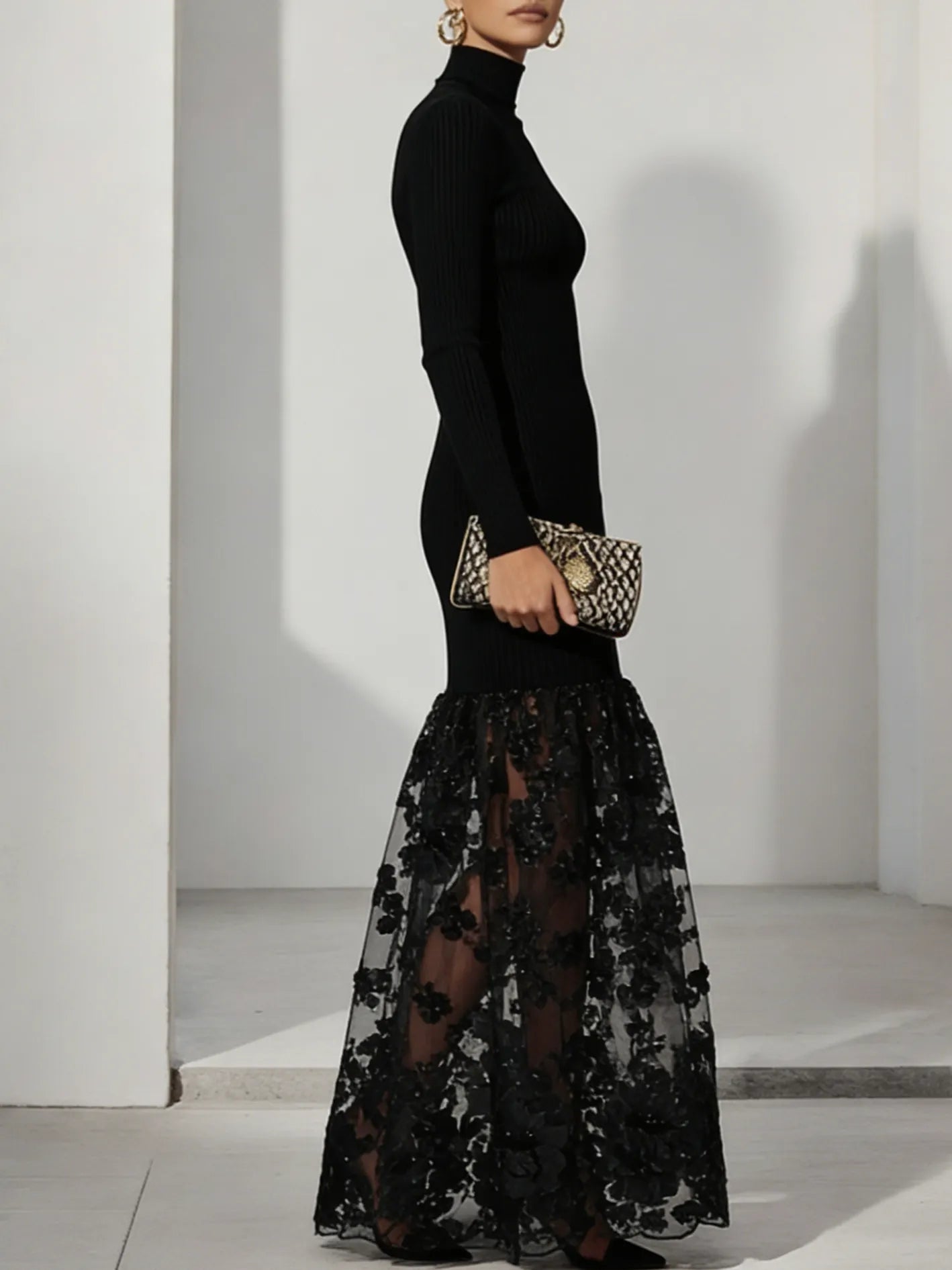 Black Mesh Floral Knit Mock Neck Long Sleeve A-Line Maxi Dress