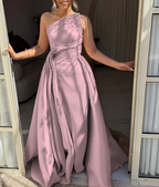 Asymmetric Strapless Sleeveless Long A-Line Prom Dress With Pleated And Beadings YK0692