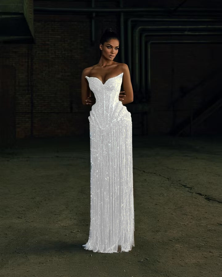 Cocoslly Strapless Sleeveless High Waist Long Prom Dress | Silver White Beading Pearls YK1253