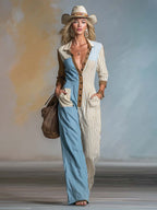 Retro Color-Block Blue Brown & Striped Button-Front Wide-Leg Cotton-Linen Jumpsuit