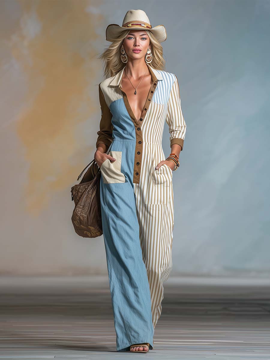 Retro Color-Block Blue Brown & Striped Button-Front Wide-Leg Cotton-Linen Jumpsuit