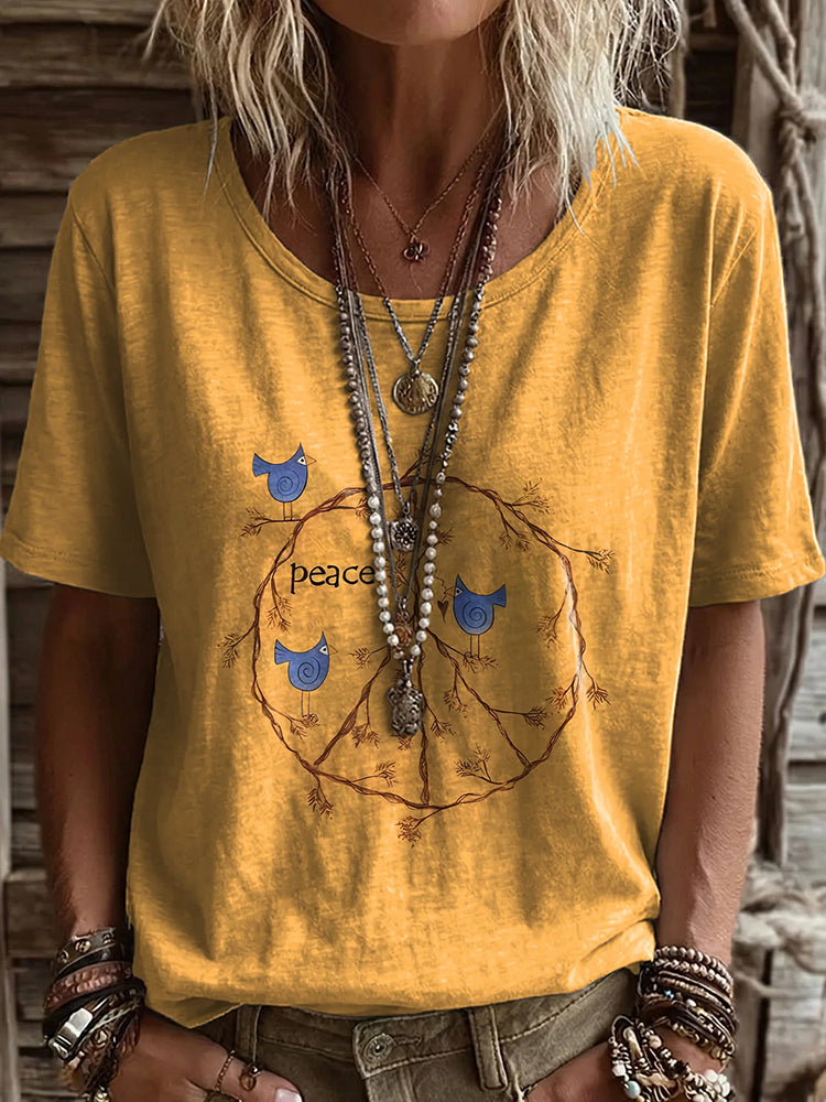 Women's Vintage Peace Sign Bird Hippie Art Print Casual Round Neck Short Sleeve T-shirt