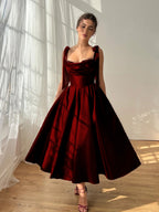 Satin Strapless Spaghetti Straps Sleeveless Pleated A-Line Prom Dress With Pleated And Bows YK0612