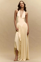 Cocoslly Halter V-Neck Sleeveless High Waist Long Prom Dress | Blushing Pink Chiffon YC0573