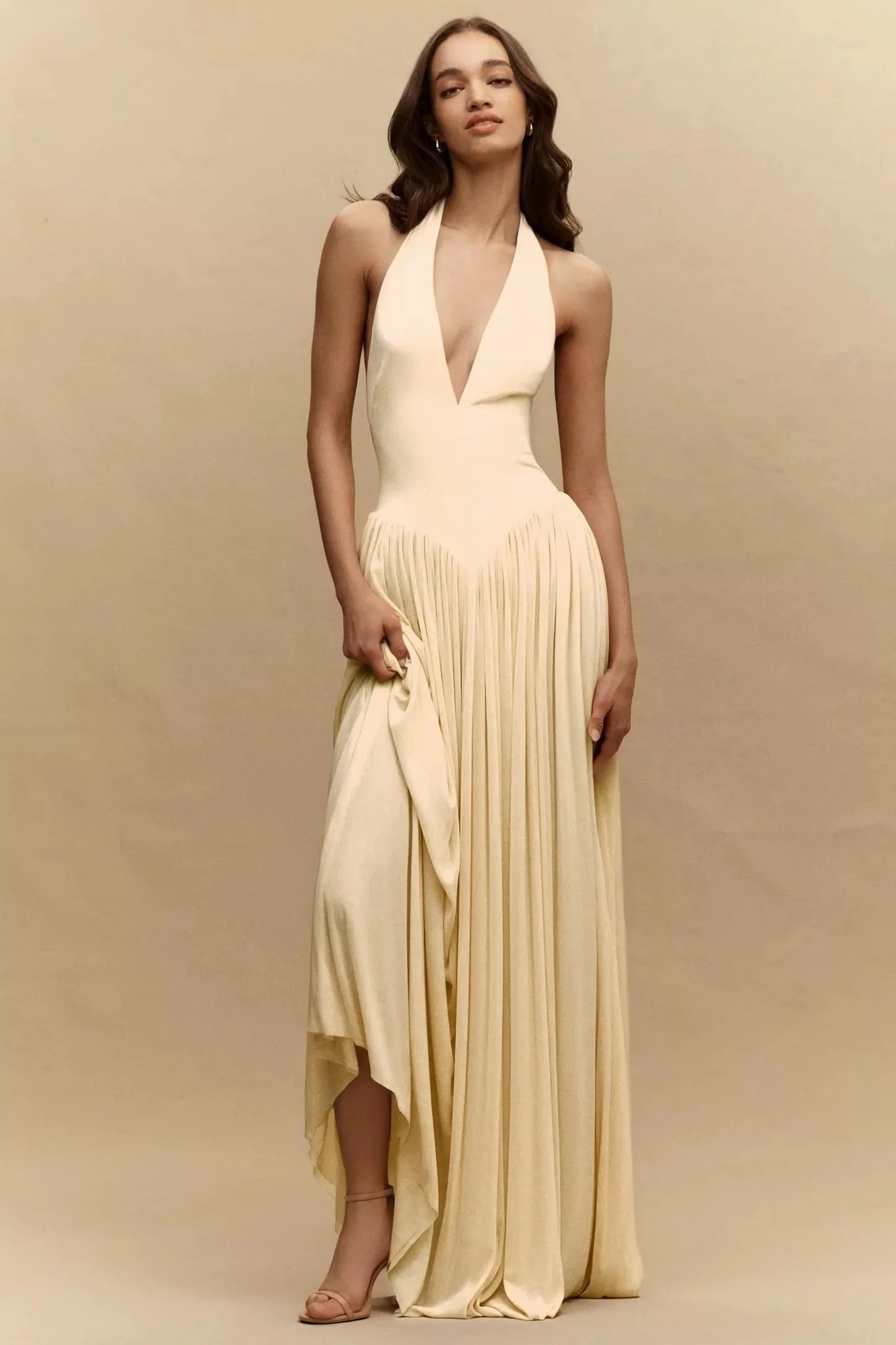 Cocoslly Halter V-Neck Sleeveless High Waist Long Prom Dress | Blushing Pink Chiffon YC0573