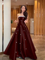 Cocoslly Strapless Sleeveless High Waist Long A Line Prom Dress With Rhinstone | Navy Blue Satin JZ0146