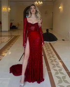 Cocoslly Square Neck Long Sleeves High Waist Long Prom Dress With Split | Red Sequins LX0105