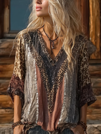 Vintage Leopard Print Patchwork V-neck Casual Top
