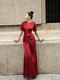 Cocoslly Round Neck Short Sleeves High Waist Long Prom Dress With Pleated | Wine Red Satin DB0023