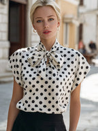 Satin Polka Dot Bow Tie Neck Short Sleeve Blouse