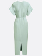 Light Green Slit Classic V Neck Cap Sleeve Dolman Sleeve Sheath Midi Dress