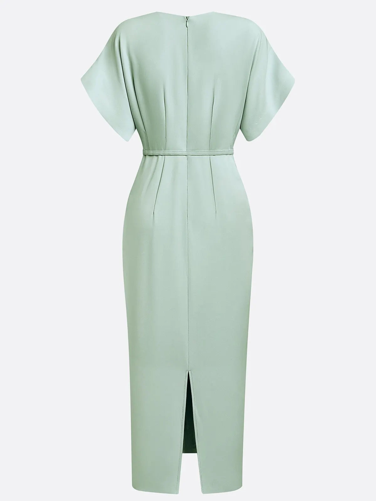 Light Green Slit Classic V Neck Cap Sleeve Dolman Sleeve Sheath Midi Dress
