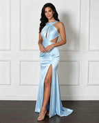 Cocoslly Halter Sleeveless High Waist Long Prom Dress With Split And Pleated | White Satin LX0111