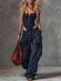 Personality Retro Casual Navy Blue Striped Square-Neck Front Zipper Top And Pants Set