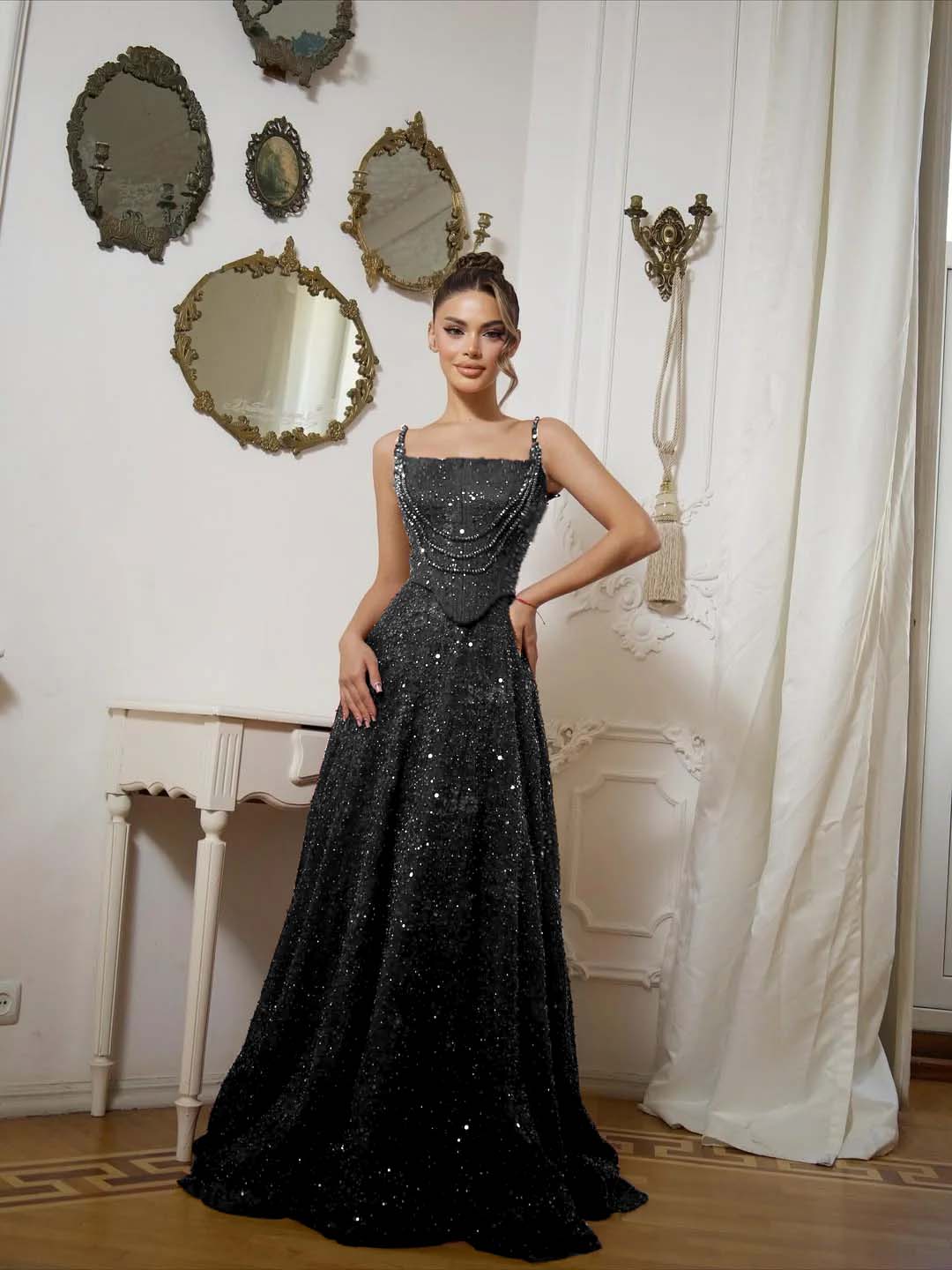 Square Neck Spaghetti Straps Sleeveless Long A-Line Prom Dress With Sequins And High Beadings YK0573