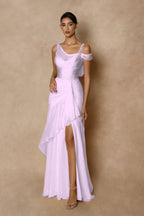 Cocoslly Wide Straps Sleeveless High Waist Long Prom Dress With Split And Ruffles | Glod Chiffon