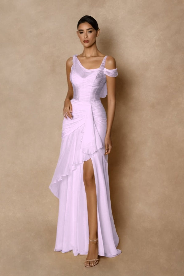 Cocoslly Wide Straps Sleeveless High Waist Long Prom Dress With Split And Ruffles | Glod Chiffon
