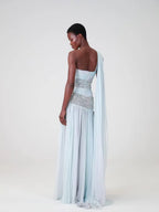 Cocoslly One Shoudler Sleeveless High Waist Long Prom Dress With Rhinstone | Ice White Chiffon YK1281