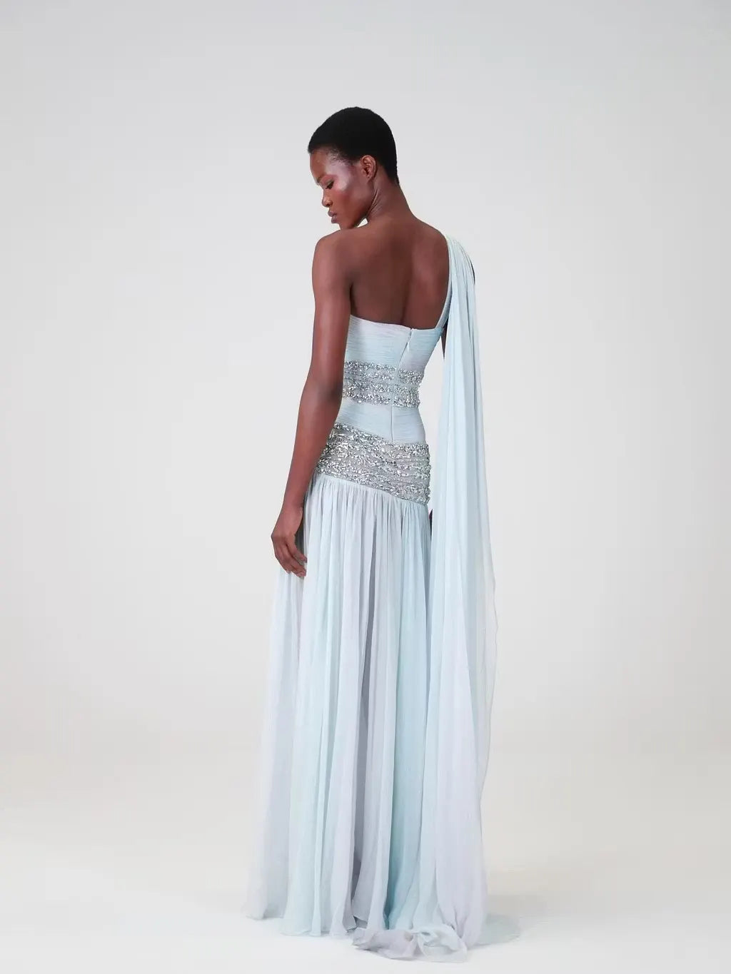 Cocoslly One Shoudler Sleeveless High Waist Long Prom Dress With Rhinstone | Ice White Chiffon YK1281