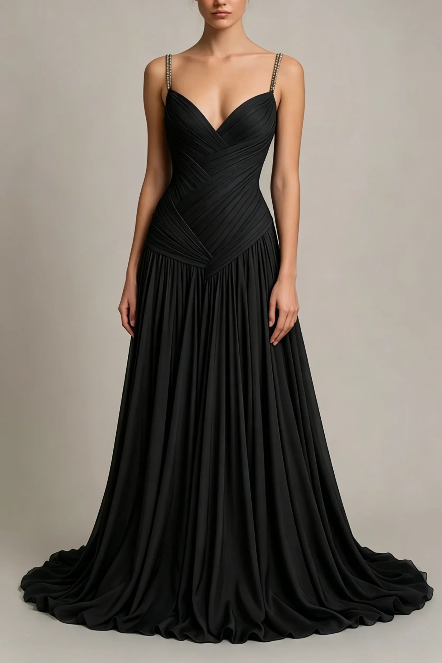 Cocoslly Spaghetti Straps Sleeveless High Waist Long Prom Dress With Pleated | Dusty Blue Chiffon LR0340