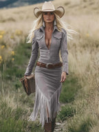 Retro Western Lapel Zipper Long Sleeve Tassel Midi Dress