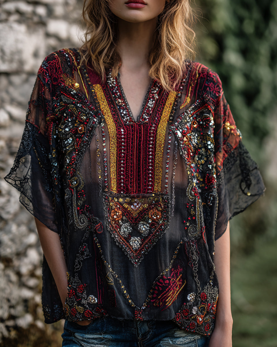 Women's Vintage Boho Nepal Ethnic Geometry Art V-neck Shirt