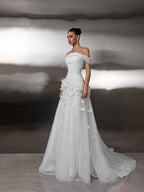 Cocoslly Off-The-Shoulder Strapless Sleeveless Long Pleated A-Line Prom Dress With Flower Appliqués | Light Blue Tulle ZA0285