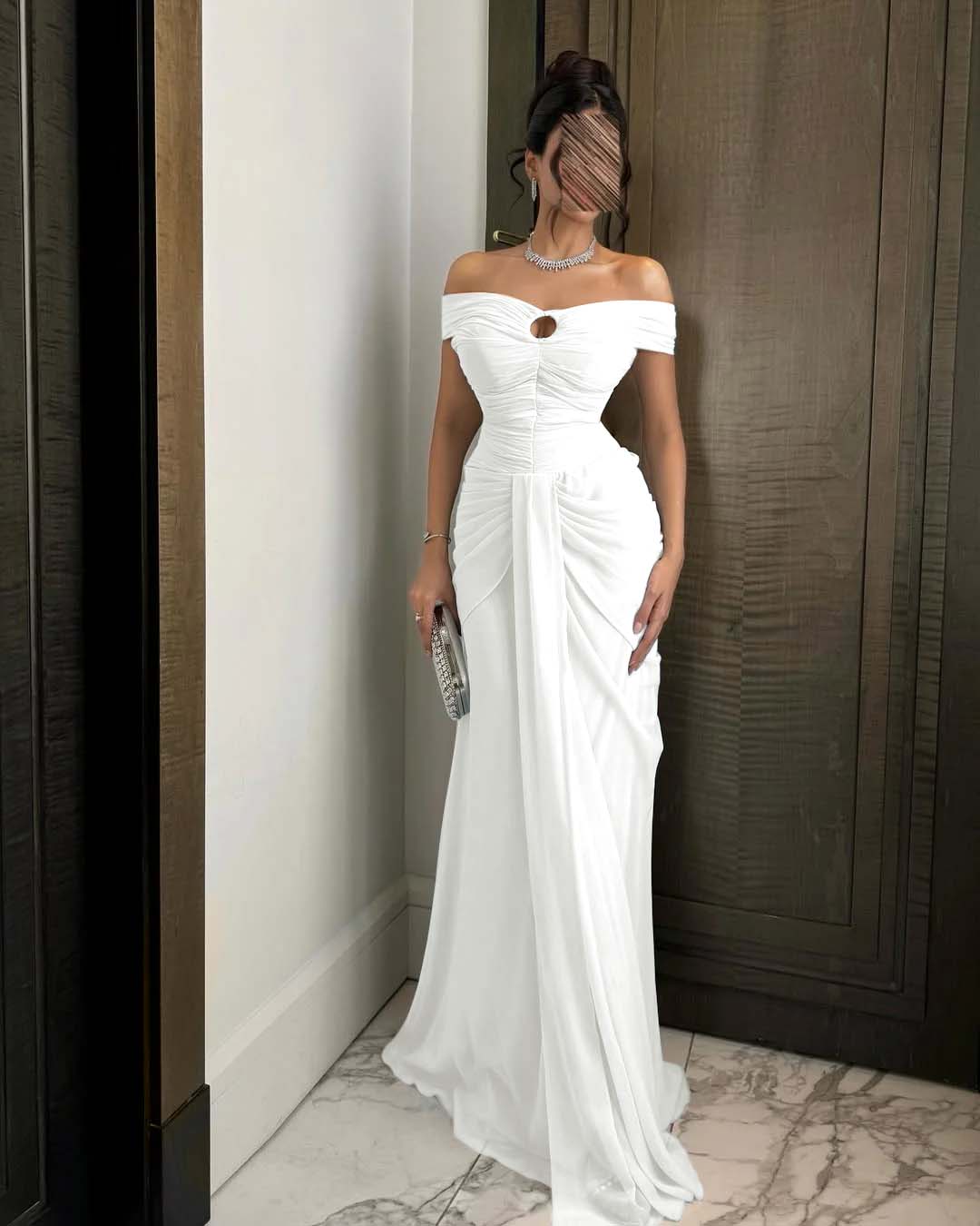 Chiffon Off-The-Shoulder Strapless Sleeveless Long Mermaid Prom Dress With Ruffles And Pleated YK0784
