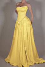 Cocoslly Strapless Sleeveless Long A Line Prom Dress With Pleated Beading