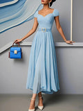 Light Blue Pleated Ruched Sweetheart Neckline A-Line Maxi Chiffon Dress