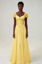 Cocoslly Short Sleeves High Waist Long Prom Dress With Rhinstone | Blushing Pink Chiffon LR0376