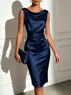 Champagne Ruched Buckle Satin Cowl Neck Sleeveless Sheath Midi Dress